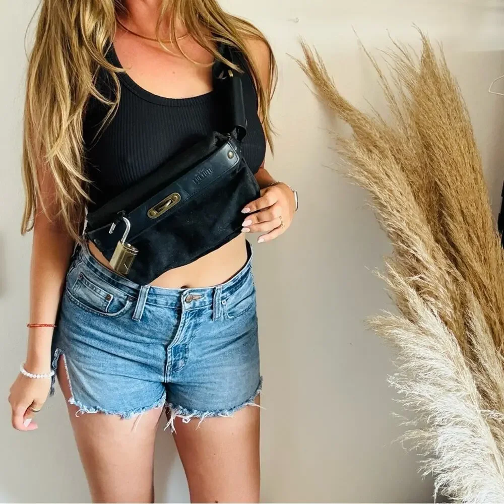LOCTOTE Washed Black Padlock Crossbody Hip Bum Bag Travel Purse Zip Pockets